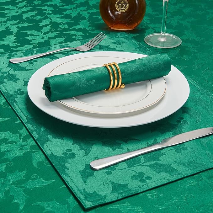 Rectangle Christmas Jacquard Table Cloth Waterproof Elegant Damask Floral Pattern Heavy Weight Wipeable Wrinkle Free Fabric Table Covers for Dinner or Daily Uses(Dark Green/60x120Inch)