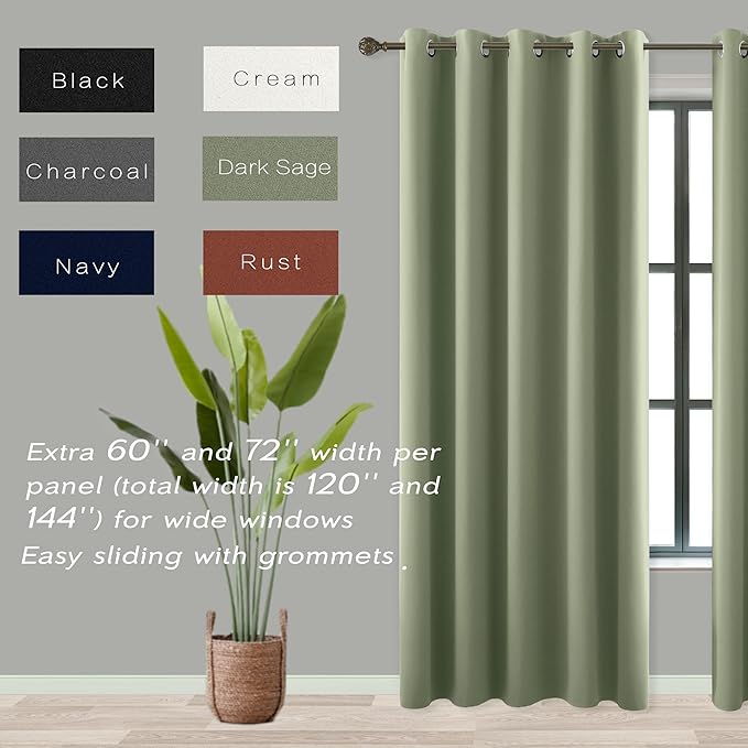 KOUFALL Dark Sage Curtains 72x84 Inches Long for Dining Room 2 Panels Blackout Room Darkening Curtain for Bedroom