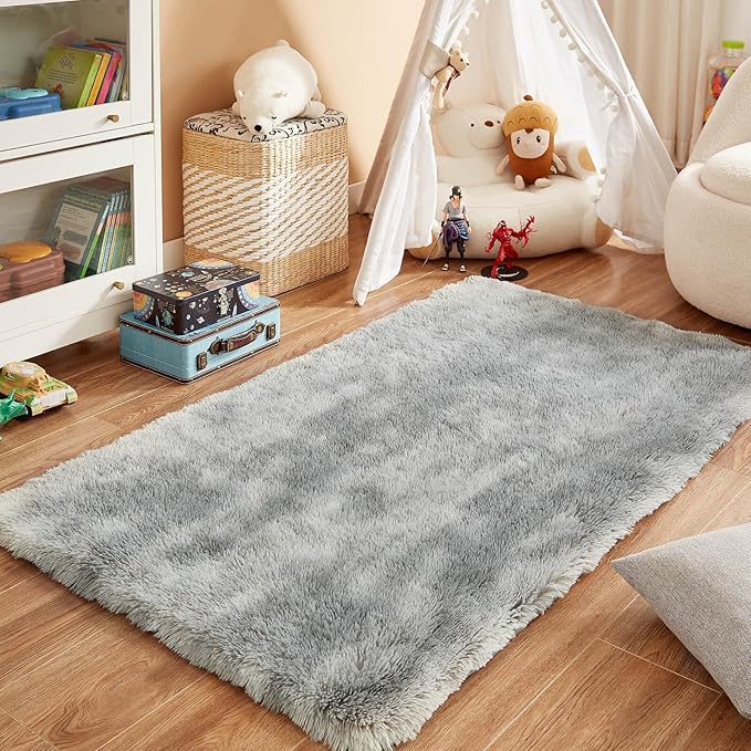 Floralux Rugs for Bedroom 3x5, Tie-Dyed Light Grey Area Rug for Living Room, Fluffy Shag Carpets, Non-Slip Indoor Floor Carpet for Kids Girls and Boys, Preppy Dorms, Nursery, Home Decor Aesthetic