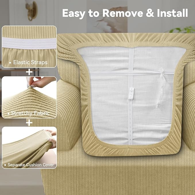 Waterproof Chair Cover with Arms 2-Piece Set Striped Slipcover for 1 Separate T Cushion Couch - TPU Fabric Armchair Covers Leakproof Couch Protector for Kids, Pets(Chair, Camel)