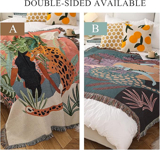 Double-Sided Cotton Woven Throw Blanket with Tassel Jungle Bohemian Style Tapestry Shawl Multi-Function Decorative Throws for Sofa Bed Armchair Camping Blanket Tablecloth Carpet 160x130cm