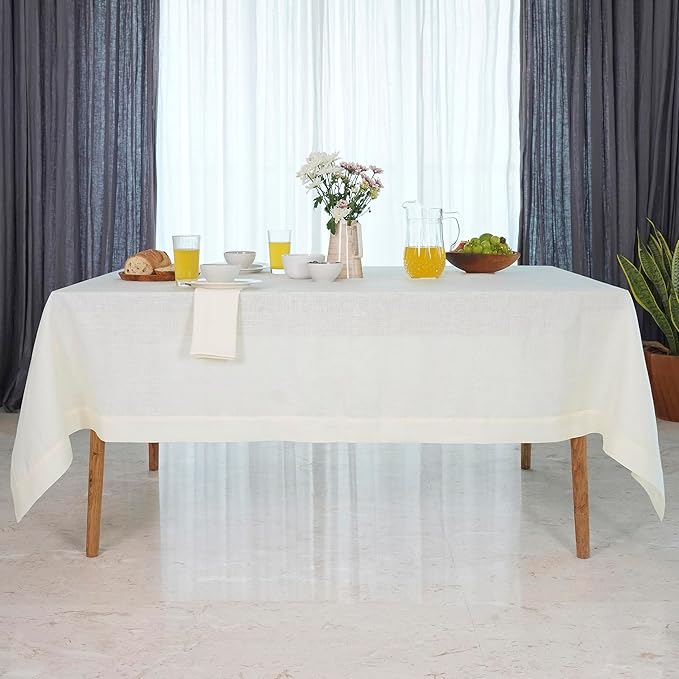 D'Moksha Homes Linen Ivory Tablecloth 60 x 90 Inch - 100% Pure Linen Rectangular Tablecloth - Machine Washable Table Cloth for Fall, Thanksgiving, Christmas, Holiday