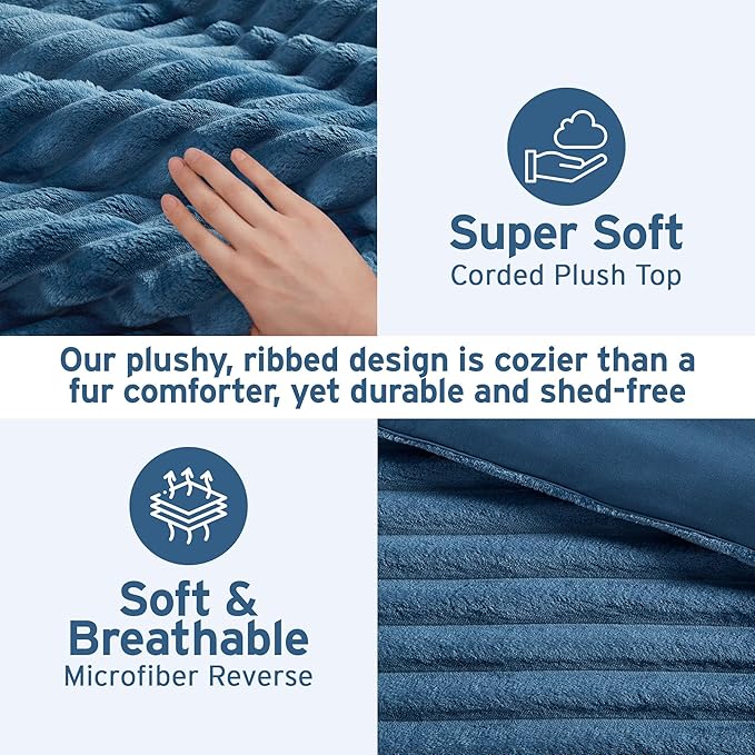 Intelligent Design Twin Comforter Set, Cozy Plush Bedding, Microfiber Reverse, 2 Piece, Lightweight, Super Soft Ribbed Velvet Comforter 1 Sham, All Season Fluffy Bed Set, Avril, Twin/Twin XL Blue