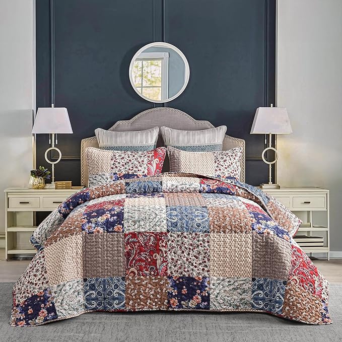 DURLENGEN Floral Quilt Set Queen Size 3Pcs, Bohemian Floral Plaid Styling Bedspread, All Season Lightweight Coverlet Sets(Queen 90x96, Navy Floral Plaid)