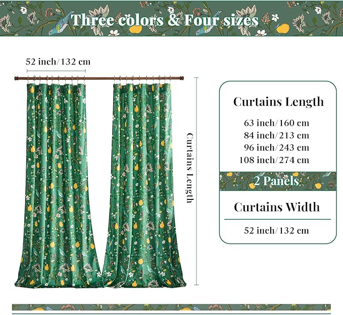 MUSSEL Luxury Velvet Floral Curtains 84 inches for Living Room,Dark Green Vintage Victorian Botanical Blackout Curtain Drapes,2 Panels Mid Century Art Deco Bird Flower Window Curtains for Bedroom