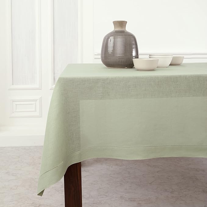 Solino Home Linen Tablecloth 60 x 108 Inch - Classic Hemstitch 100% Pure Linen Sage Green Table Cloth for Rectangle Tables - Machine Washable Tablecloth for Autumn, Thanksgiving, Christmas, Winter