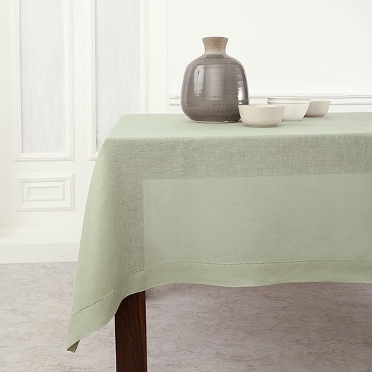 Solino Home Linen Sage Green Tablecloth 60 x 132 Inch - Classic Hemstitch, 100% Pure Linen Rectangular Tablecloth - Machine Washable Table Cloth for Fall, Autumn, Thanksgiving, Christmas, Winter