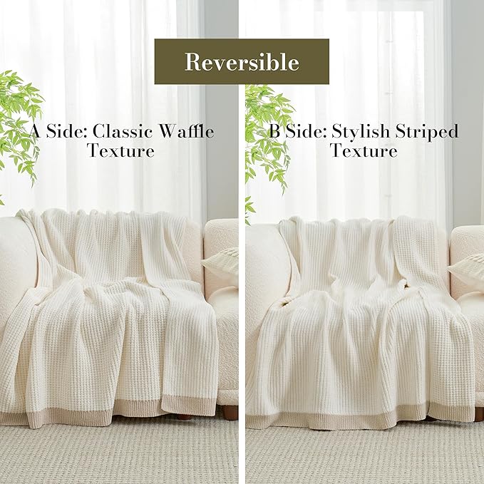Amélie Home Waffle Blanket Queen Size for Bed, Soft Cozy Chenille Knit Blanket Warm Decorative for Bedroom, 90"x90", Ivory