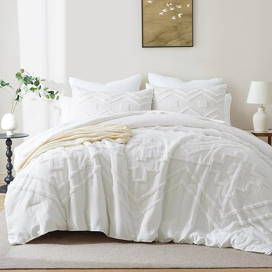 Oli Anderson Boho Tufted Comforter Set Queen Size, 3 Pcs Soft Jacquard Bedding Set for All Seasons, Shabby Chic Farmhouse Bedding Set with Comforters for All Seasons (White, Queen)