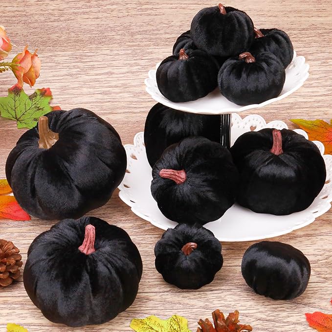12 Pcs Autumn Artificial Velvet Pumpkins Set Halloween Faux Kitchen Cloth Fall Harvest Foam Farmhouse Porch Table Wedding Decorative Black