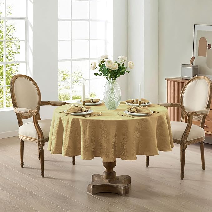 Newbridge Barcelona Damask Fabric Tablecloth, 70 Inch Round, Gold – No Iron, Soil Resistant Table Cover for Dining, Parties and Holidays