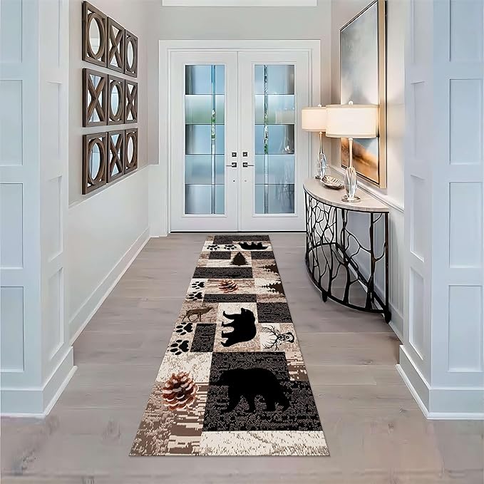 Rustic Lodge Runner Rug,1.3x7ft,Western Country Bear Elk Deer Wildlife Log Design,Forest Landscape Hunting Theme Rug,with Non Slip Backing Washable Rugs, Non Slip Pet Friendly Rug for Hallway