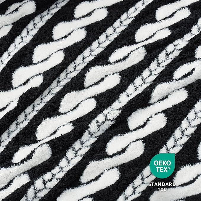 Amélie Home Cable Knit Throw Blanket for Couch, Bicolour Super Soft Fuzzy Blanket for Sofa, Luxury Cozy Fluffy Throw for Room Decor, 50" x 60", Cable Black & White