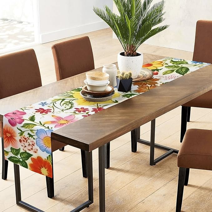 Colorful Flower Floral Table Runner 13x72 Inches Vintage Floral Faux Linen for Kitchen Dining Table Decor Wedding Birthday Party Holiday Celebration