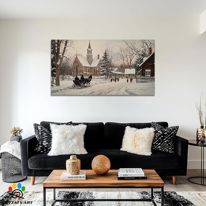 GUTTATY Winter Christmas Canvas Wall Art, Snow Village Scene Canvas Prints, Classic Church Horse Sleigh Wall Painting, Country Winter Pictures Decor for Living Room, Farmhouse, Entryway, 60x30 Inch