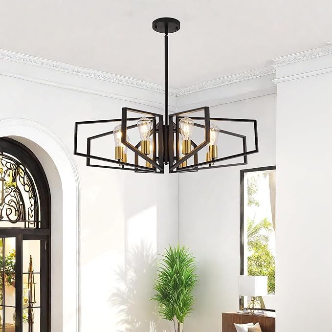 Black and Gold Chandelier, 8-Light Farmhouse Dining Room Light Fixture, Geometric Pendant Lights Kitchen Island, Modern Industrial Chandelier for Living Room, Bedroom, Foyer, Stairway, Entryway