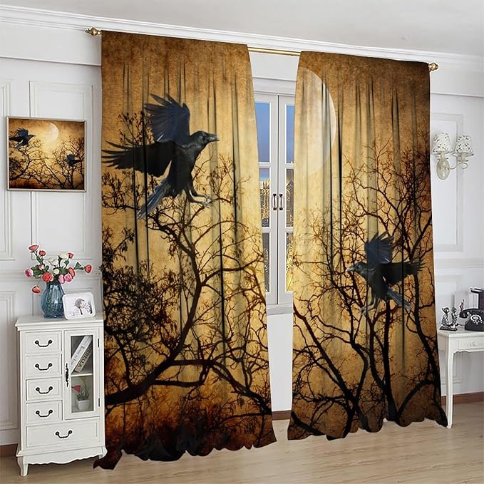Gothic Crows Blackout Curtains, Vintage Misty Tree Dead Woodland Raven Black Crow Moonlight Retro Window Drapes, for Living Room Bedroom 27.5(W)*63(L) 2 Panels