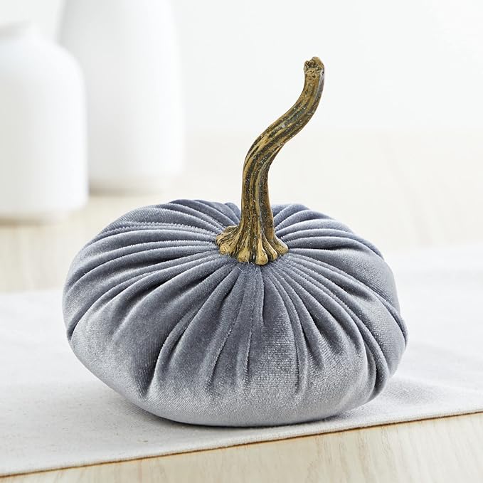 Your Heart's Content Velvet Pumpkin Set of 4, Autumn Accent, Fall Halloween, Thanksgiving tablescape, Tiered Tray Centerpiece Decor (Sm Gray Taupe Ivory Black)