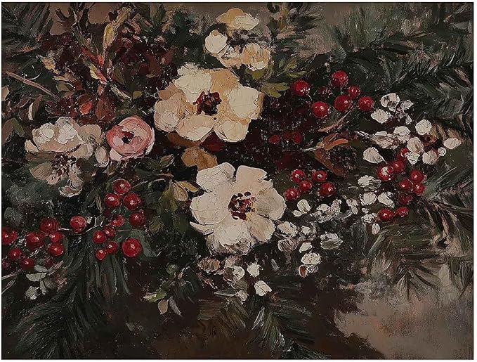 Moody Christmas Floral Academia Art Prints,Christmas Cottagecore Fireplace Decor,Vintage Winter Flower Print,Dark Moody Winter Floral Bouquet Painting