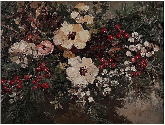Moody Christmas Floral Academia Art Prints,Christmas Cottagecore Fireplace Decor,Vintage Winter Flower Print,Dark Moody Winter Floral Bouquet Painting