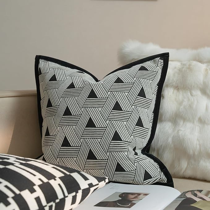 New 22x22'' inches Throw Pillow Cushion Covers - Triangle Black Color Chenille Jacquard Embroidery with Edge Strip Luxury Modern Style Couch Sofa Bed Pillow Cover for Living Room Bedroom