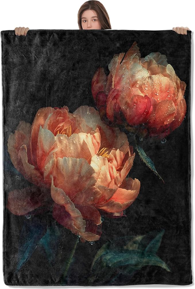 Elegant Peony Flannel Throw Blanket, 50"x60", Realistic Pink Flower, Soft Warm Lightweight Blankets, Machine Washable, Women Girls Gifts, Outdoor Indoor Travel Hiking Nap Throw, Home Decorate