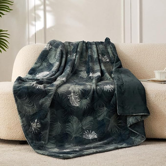 COOVA Faux Rabbit Fur & Flannel Throw Blanket 50x60 Inch - Luxury Fuzzy & Cozy Soft Blanket for All Seasons, Breathable and Comfortable for Bed, Sofa, Couch, and Camping, Feather Pattern,Blue