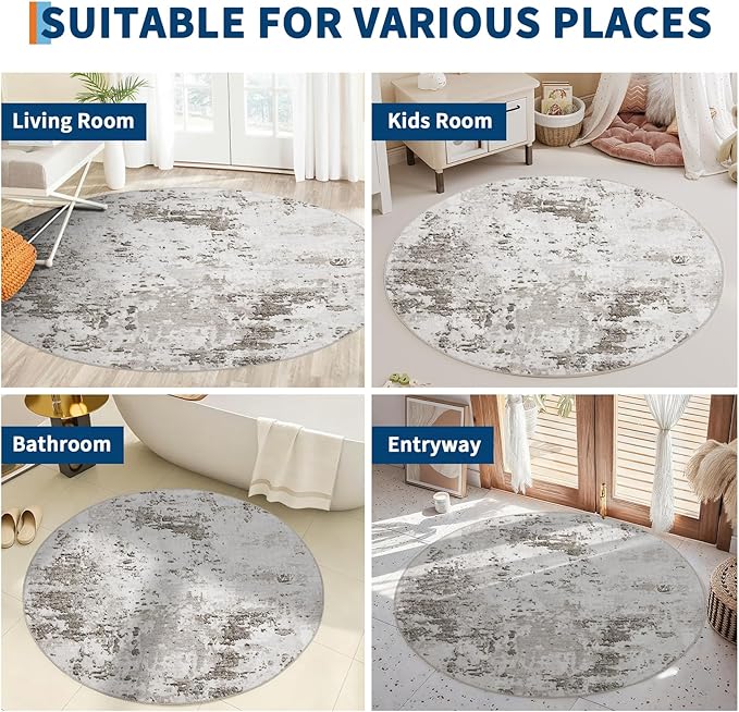 Modern Abstract 6x6 Round Area Rug Non Slip Non Shedding Rug Low Pile Stain Resistant for Bedroom Living Room Office Dining Room,Taupe/Beige