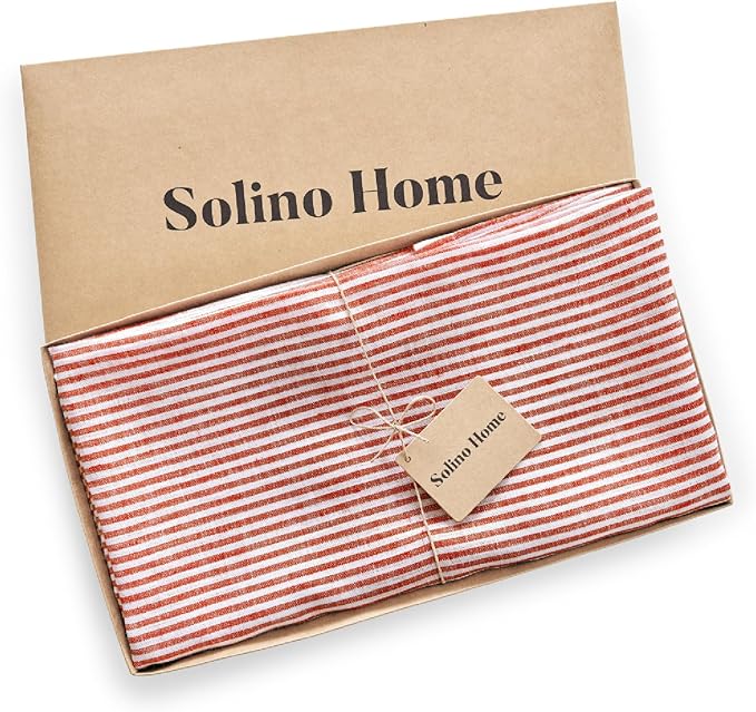 Solino Home Linen 60 Inch Round Tablecloth - Narrow Stripe, 100% Pure Linen Red and White Round Tablecloth - Machine Washable Table Cloth for Christmas