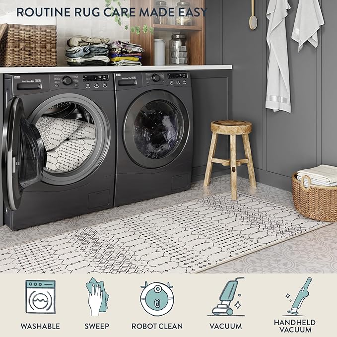 Lahome Moroccan Runners for Hallways 2x8 - Beige Washable Runner Rug Non-Slip Stain Resistant Kitchen Rug Runner, Geometric Print Distressed Soft Untra- Thin Floor Carpet for Bedroom Entryway