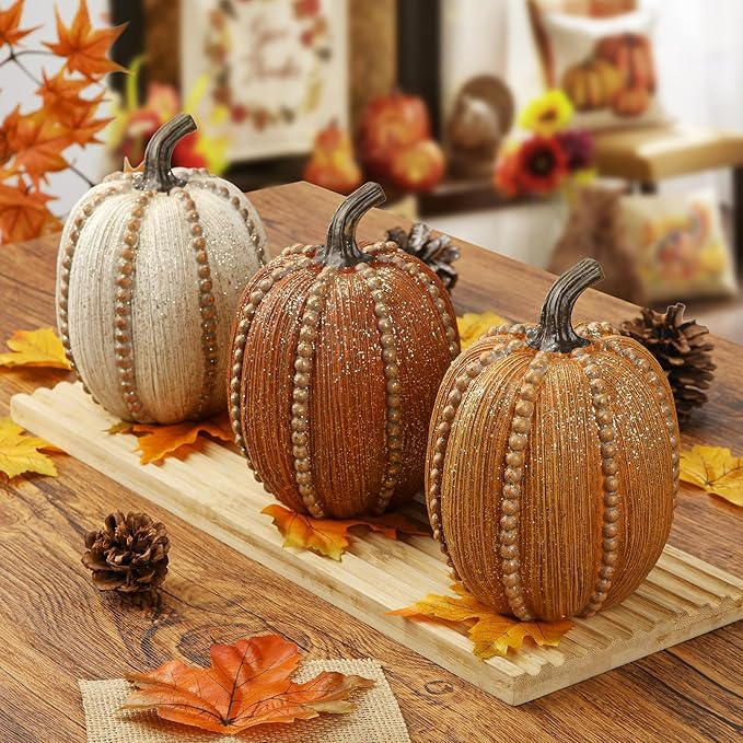 Hollyone Pumpkins Fall Decoration, 3 Pack Resin Pumpkins for Decorating Fake Pumpkin Autumn Rustic Decor for Home Thanksgiving Harvest Halloween Wedding Table Centerpiece Shelf Indoor Outdoor Decor