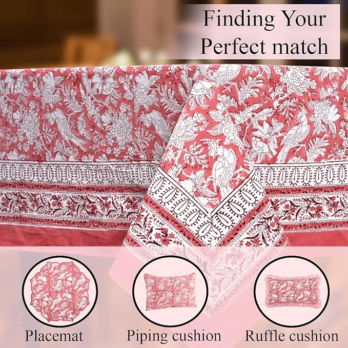 CPC Tablecloth 100% Cotton 72x140 Inch Indian Block Print Rectangle Table Cover, Red Table Cloth for Weddings, Spring/Summer, Barbeque - Pink Coral