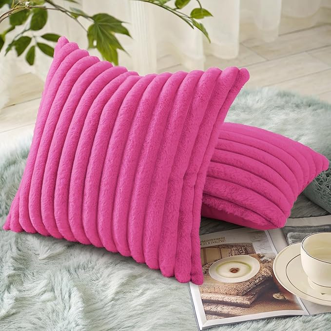 decorUhome Faux Fur Christmas Throw Pillow Covers 22x22 Set of 2, Decorative Soft Plush Striped Neutral Couch Euro Pillow Covers with Velvet Back for Sofa, Bed, Living Room Home Decor, Hot Pink