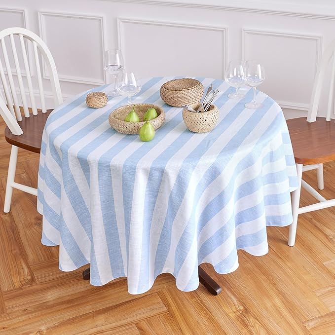 Solino Home Linen 60 Inch Round Tablecloth - Cabana Stripe, 100% Pure Linen Sky Blue and White Round Tablecloth - Machine Washable Table Cloth for Christmas
