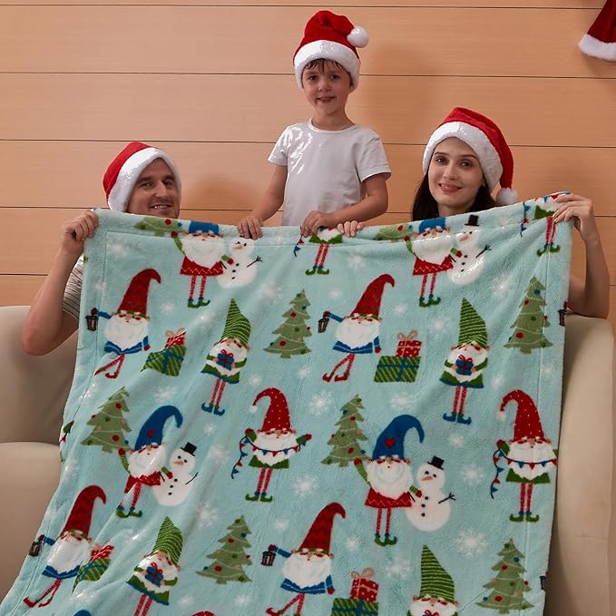 COOVA Christmas Faux Rabbit Fur & Flannel Throw Blanket 50x60 Inch - Festive Luxury Soft & Cozy, Perfect for Holiday Decor, Bed, Sofa, Couch, Father Christmas Pattern,Blue