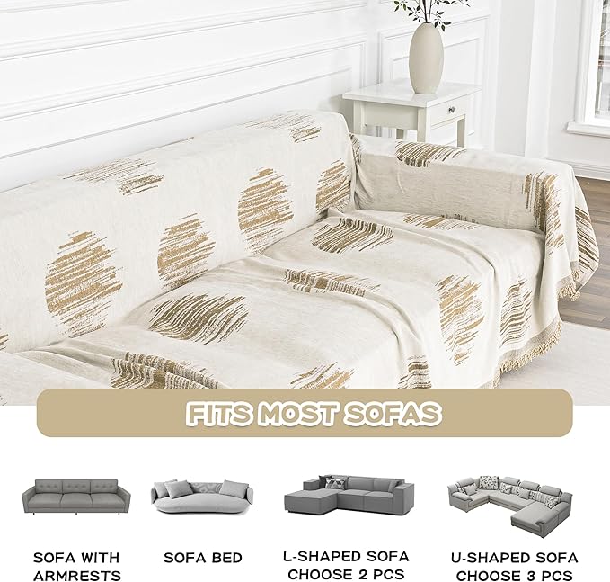 MEETSKY Couch Cover for Dogs Couch Covers for 3 Cushion Couch Sofa Simple Modern Sofa Covers for Loveseat L Shaped Chenille Couch Cushion Covers for Dogs Kids Easy Install, 91" X134", Khaki