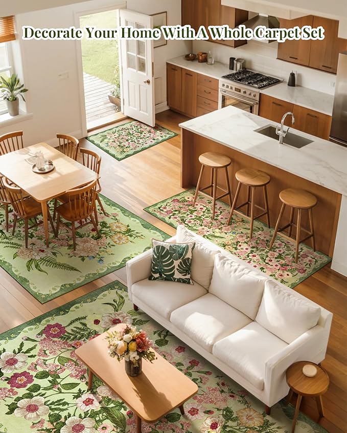Door Mat Indoor Entrance 2x3 - Floral Rug Washable Small Area Rug Non-Slip Low Pile Rugs for Entryway, Kitchen, Bedroom, Entry, Bathroom - Green