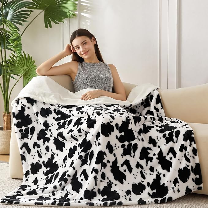 COOVA Faux Rabbit Fur & Flannel Throw Blanket 50x60 Inch - Luxury Fuzzy & Cozy Soft Blanket for All Seasons, Breathable and Comfortable for Bed, Sofa, Couch, and Camping, Cow Print,Black/White