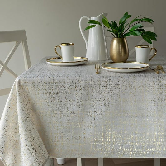 Benson Mills Gold Mine Foil Printed Fabric Table Cloth, Holiday, Winter, Thanksgiving, and Christmas Tablecloth (52" x 70" Rectangular, Gold Mine Ivory/Gold)