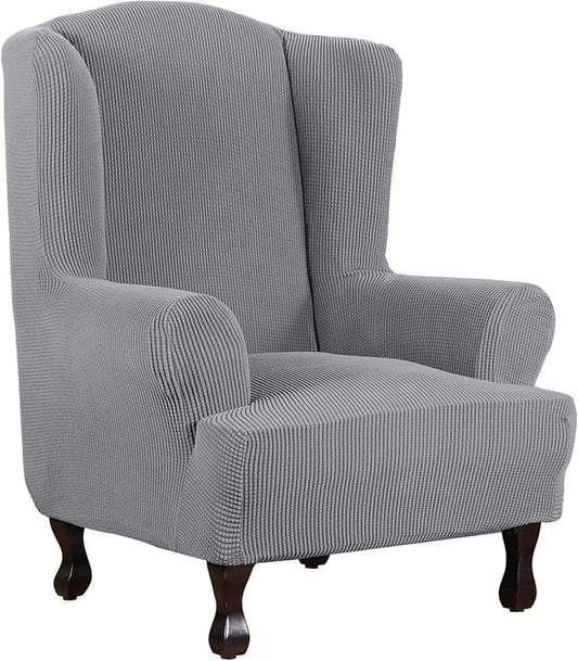 H.VERSAILTEX Wing Chair Slipcover Chair Covers for Wingback Chairs Wingback Chair Covers Slipcovers 1 Piece Stretch Sofa Cover Furniture Protector Soft Spandex Jacquard Checked Pattern, Dove