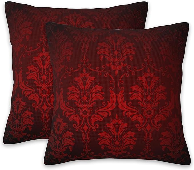Vintage Damask Floral Pillow Covers 18X18 Set of 2, Luxuxy Dark Red Flowers Decorative Throw Pillow Covers, Pillowcase Cushion Case for Home Sofa Couch Indoor Outdoor Decorations