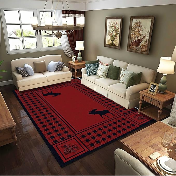 4x6ft Wild Deer Scene Area Rug - Country Moose & Hazelnuts Design, Non-Skid Soft Floor Rug in Rustic Cabin Red & Black Buffalo Plaid for Kids Room, Living Room, Bedroom & Home Decor