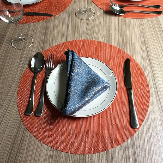 WAZAIGUR Round Placemats Set of 6 Woven Vinyl Easy to Clean Heat Resistant Kitchen Table Mats 15 Inch(Orange 6)