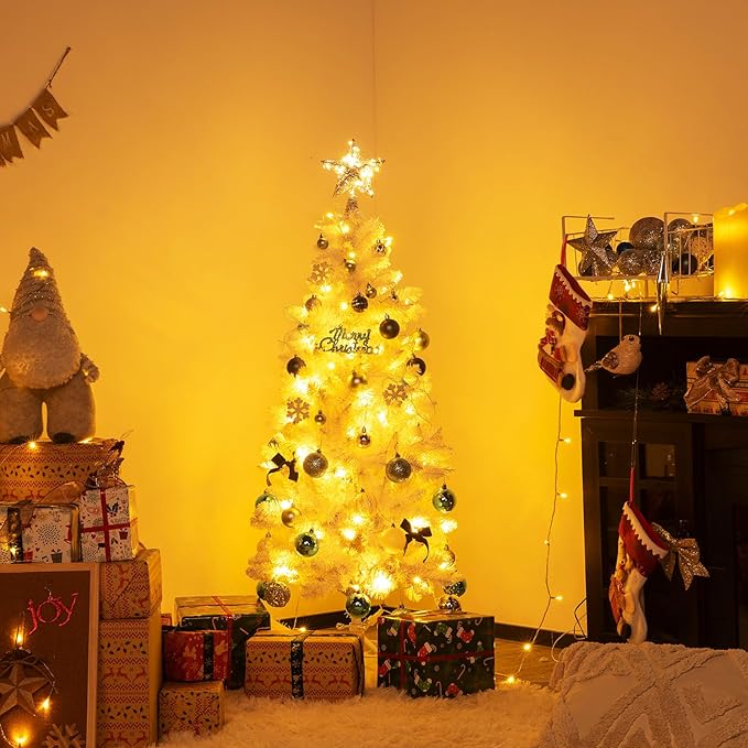 NALONE 4FT White Pre-Lit Christmas Tree with Remote Control and Timer, Pencil Artificial Hinged Slim Tree with Warm White/Multi-Color Lights, 9 Lighting Modes