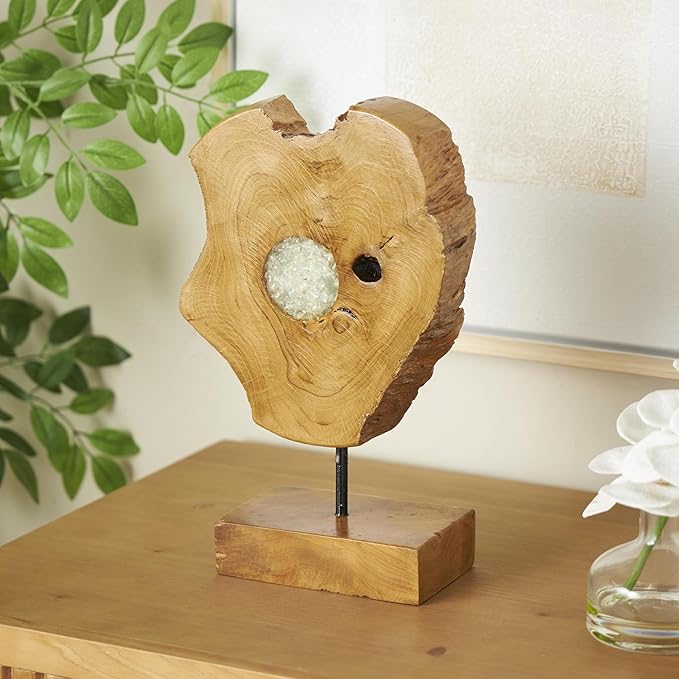 Deco 79 Teak Wood Abstract Decorative Sculpture Home Decor Statue with Resin Embedded, Accent Figurine 10" x 4" x 12", Brown