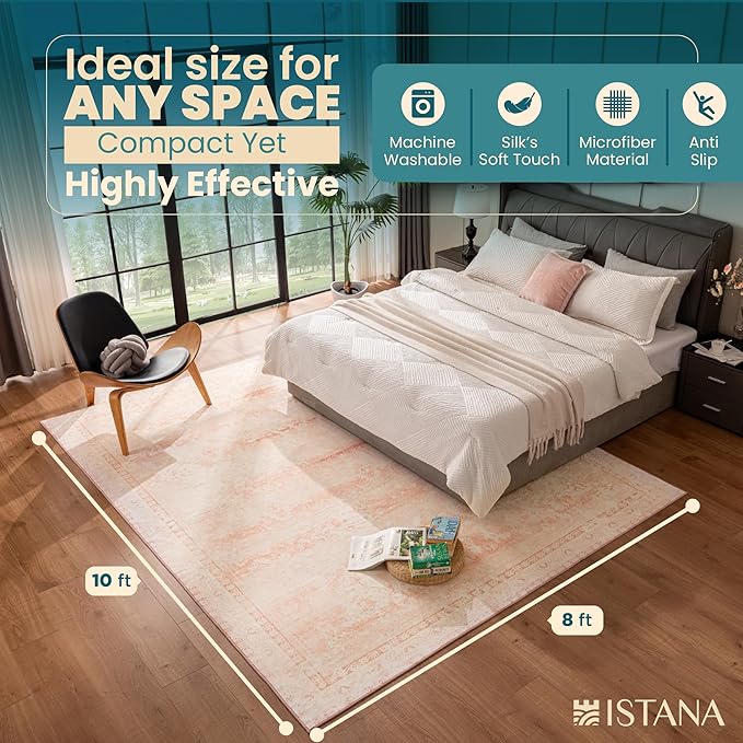 Istana 8x10 Area Rug - Pink 8x10 Rugs for Living Room - Foldable Rugs for Bedroom - Stain Resistant Washable Rug - Eco-Friendly Area Rugs - Easy to Clean Living Room Rug