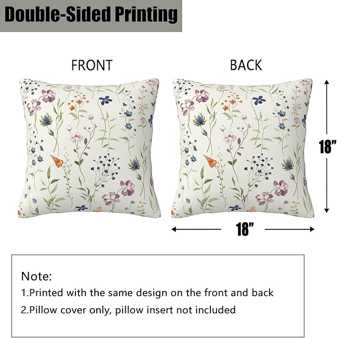 Colored Flowers and Leaves Pillow Covers 18X18 Set of 2, Watercolor Wildflowers Decorative Throw Pillow Covers, Pillowcase Cushion Case for Home Sofa Couch Indoor Outdoor Decorations
