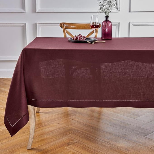 Solino Home Linen Burgundy Tablecloth 60 x 120 Inch - Classic Hemstitch, 100% Pure Linen Rectangular Tablecloth - Machine Washable Table Cloth for Fall, Autumn, Thanksgiving, Holiday, Winter