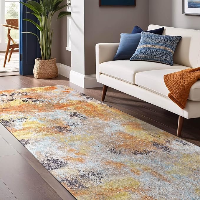 Non Slip Rugs 2x7 Modern Abstract Easy Silk Rubber Backing Soft Runner Rug for Hallways Easy to Clean Non Shedding Kitchen for Laundry Room Indoor Area Carpet (Orange - Brown, 2x7)