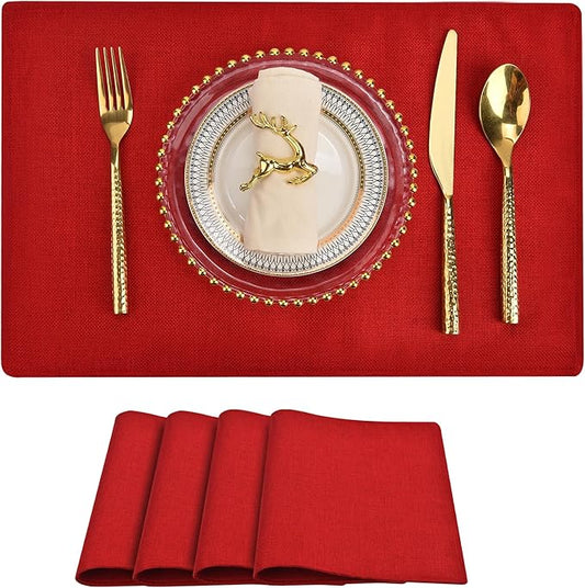 SLKQG Christmas Red Linen Fabric Placemats Set of 4, Heat Resistant & Machine Washable Double-Layered Cloth Placemats for Dining Table, Indoor/Outdoor Use, Non-Slip Kitchen Table Mats (4, Bright Red)